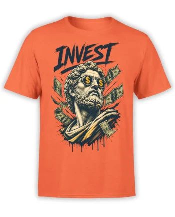 Orange investment T-shirt featuring a classical bearded bust in dollar-sign sunglasses and flying dollar bills