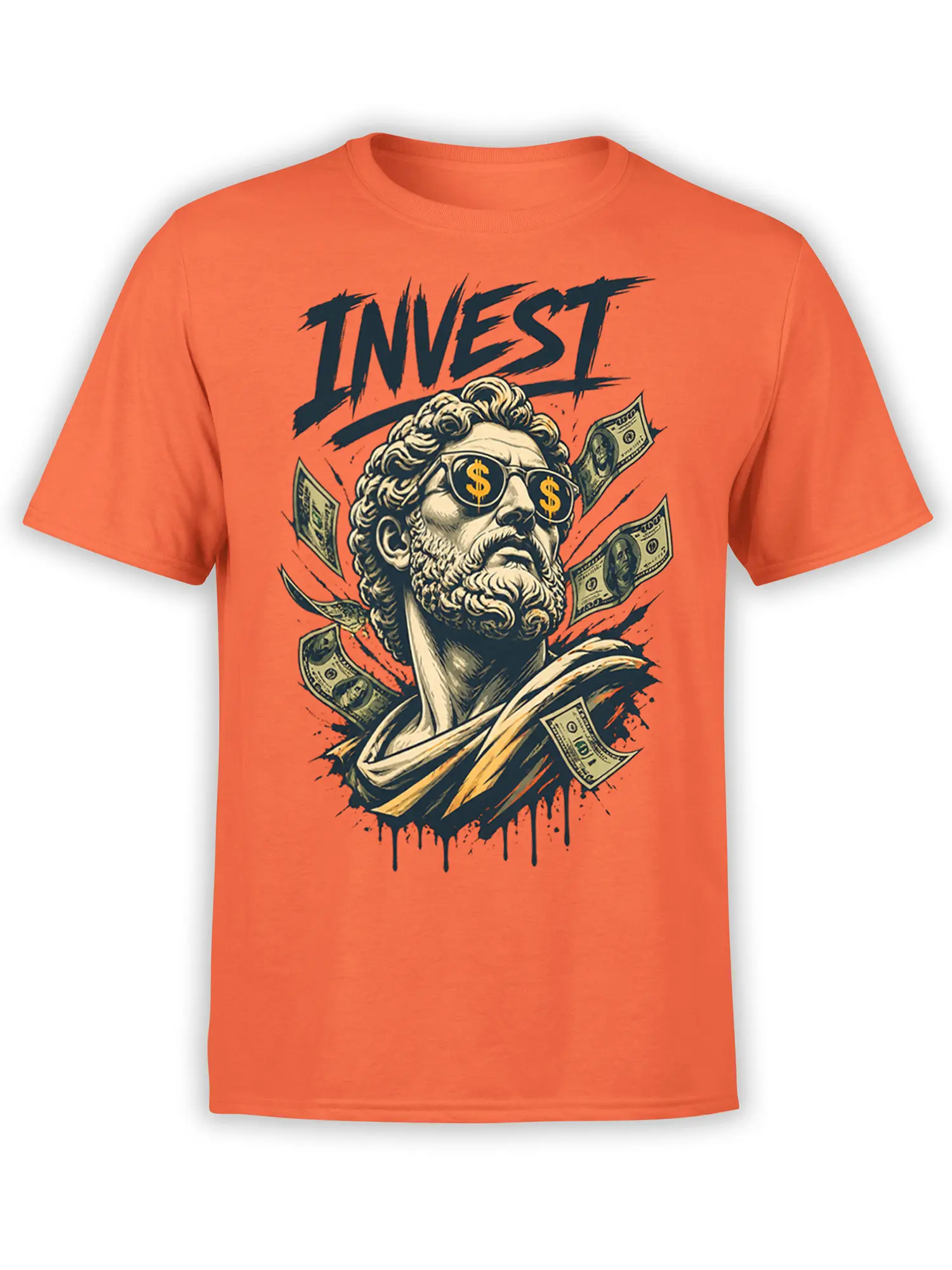 Orange investment T-shirt featuring a classical bearded bust in dollar-sign sunglasses and flying dollar bills