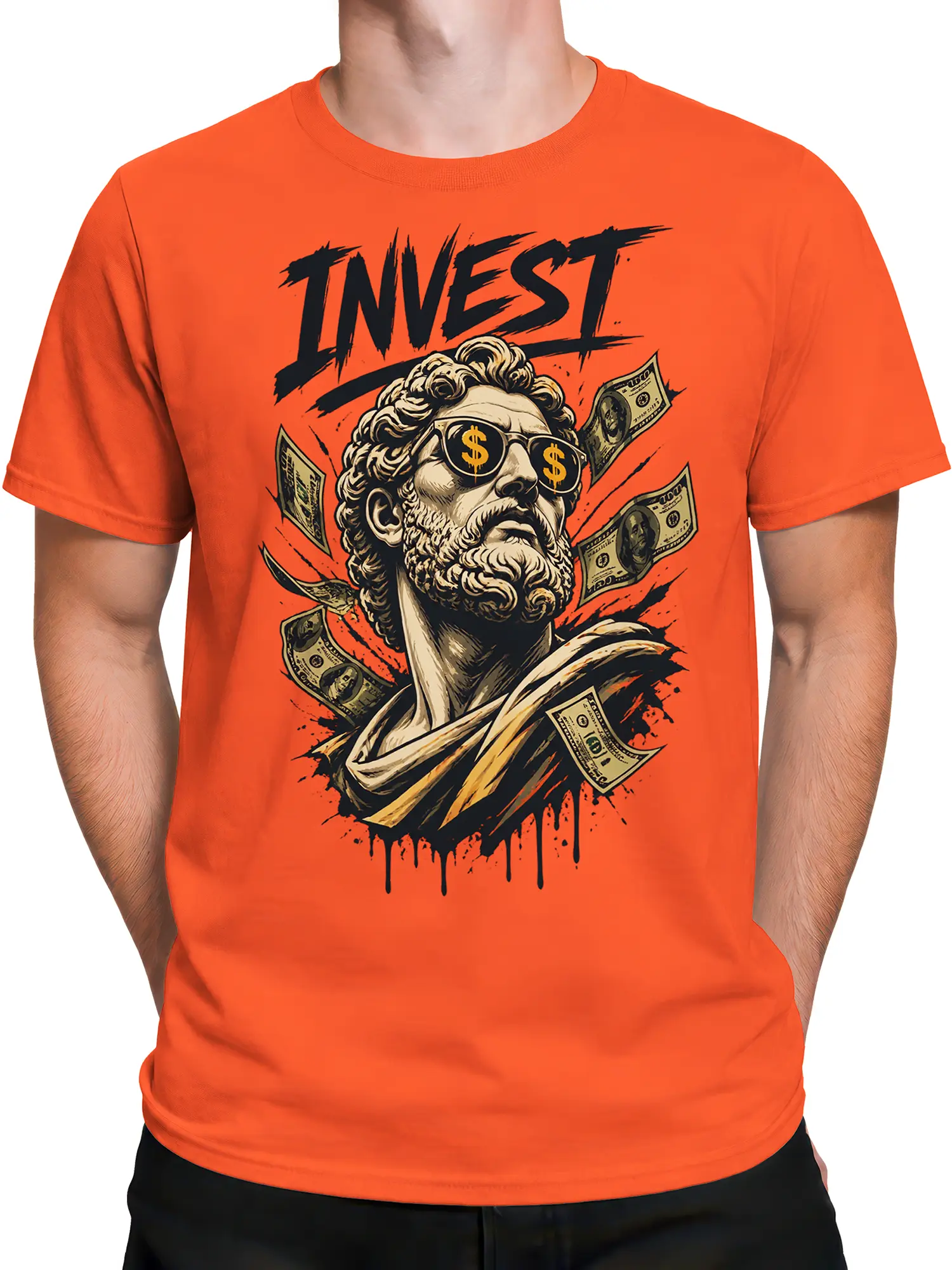 Male torso wearing an orange money graphic tee with a bearded statue, dollar sunglasses, and flying bills