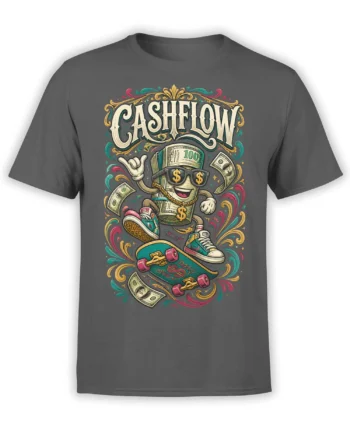 Gray T-shirt with colorful Cashflow money character wearing sunglasses, sneakers, gold chain, and riding a skateboard