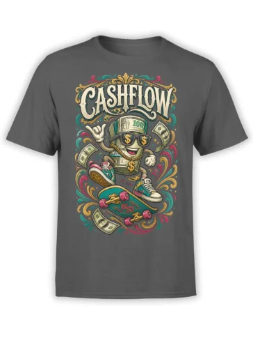 Gray T-shirt with colorful Cashflow money character wearing sunglasses, sneakers, gold chain, and riding a skateboard