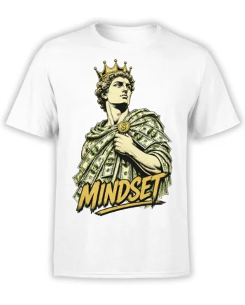 White T-shirt with crowned classical figure wrapped in dollar bills and bold MINDSET lettering