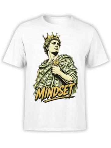 White T-shirt with crowned classical figure wrapped in dollar bills and bold MINDSET lettering