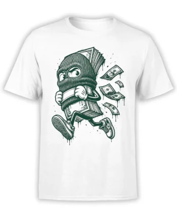White T-shirt with a masked cash bandit running while dollar bills fly around him
