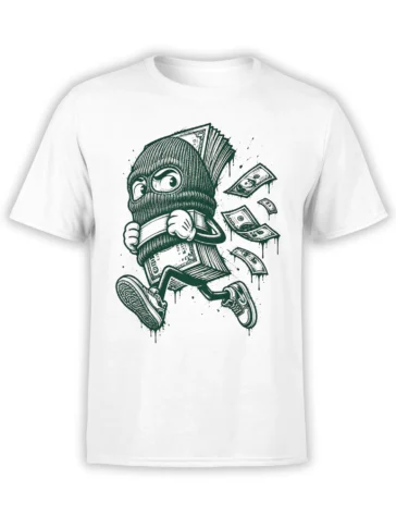 White T-shirt with a masked cash bandit running while dollar bills fly around him