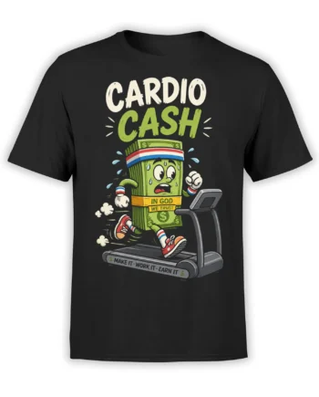 Funny money workout design with a sweating dollar bill running on a treadmill on a black T-shirt