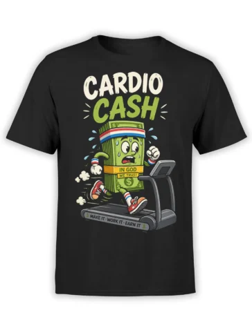 Funny money workout design with a sweating dollar bill running on a treadmill on a black T-shirt