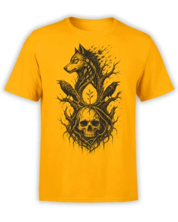 Yellow T-shirt with a gothic wolf, two ravens, tangled branches, and a skull woodland design