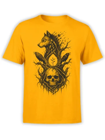 Yellow T-shirt with a gothic wolf, two ravens, tangled branches, and a skull woodland design