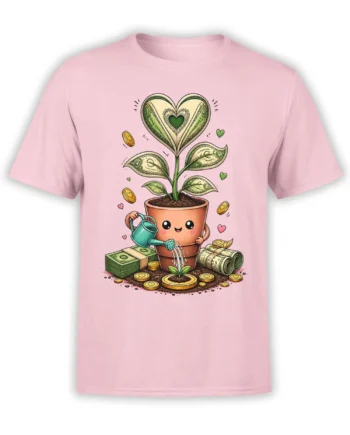 Pink T-shirt featuring a smiling money plant, heart-shaped leaves, dollar bills, coins, and a watering can