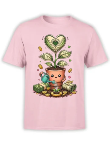 Pink T-shirt featuring a smiling money plant, heart-shaped leaves, dollar bills, coins, and a watering can