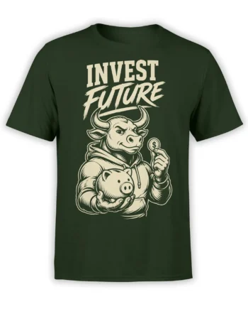 Dark green bull investment T-shirt with a hoodie-wearing bull, pig, dollar coin, and “INVEST FUTURE” print