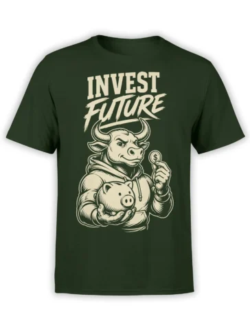 Dark green bull investment T-shirt with a hoodie-wearing bull, pig, dollar coin, and “INVEST FUTURE” print