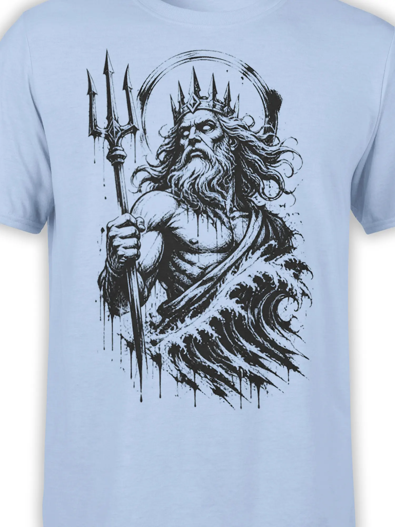 Close-up of crowned sea king face, trident, and wave details on a light blue T-shirt