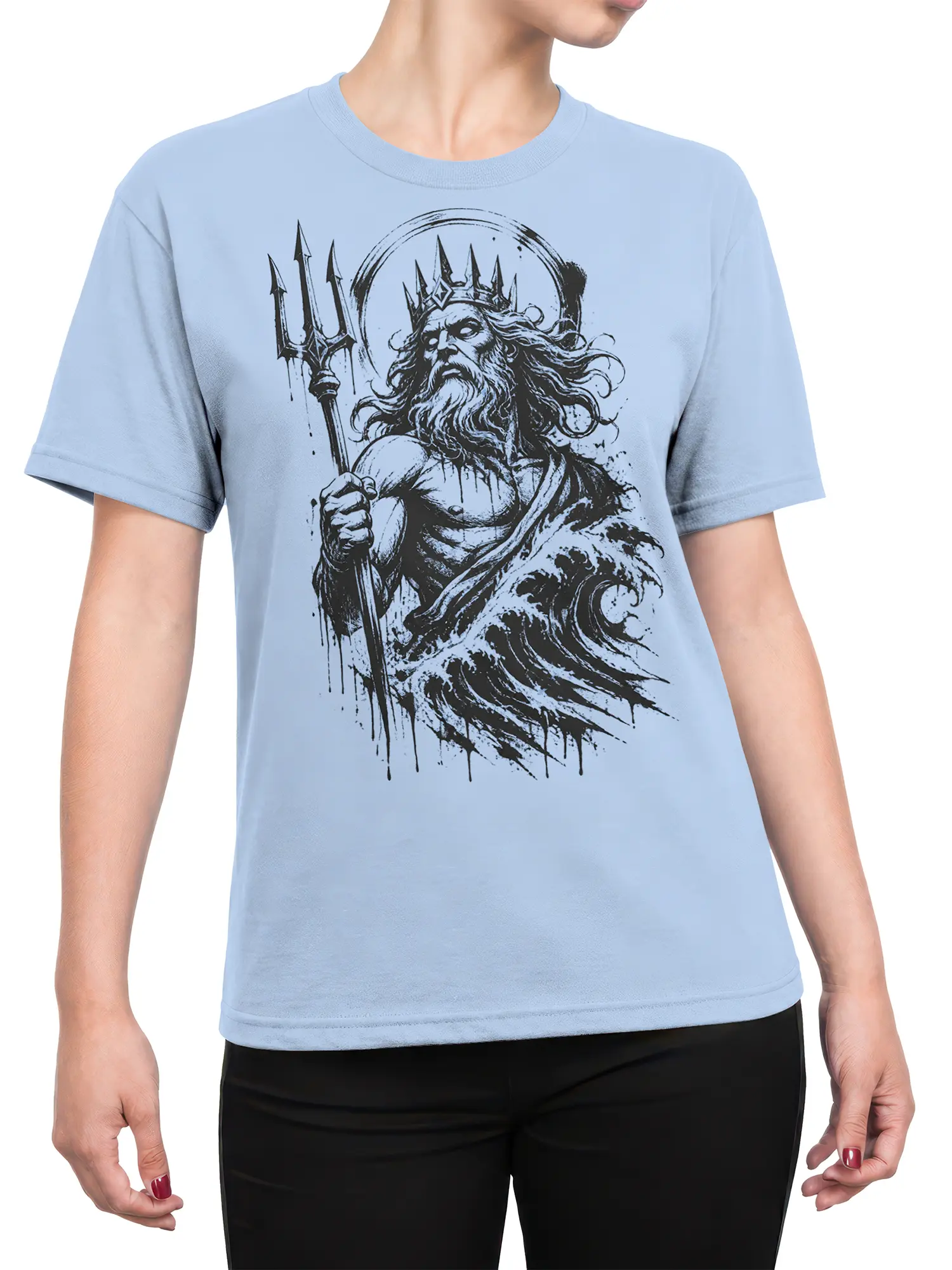 Female torso wearing a light blue T-shirt with a crowned sea king and trident design