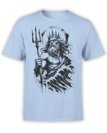 Crowned sea king holding a trident amid crashing waves on a light blue fantasy T-shirt
