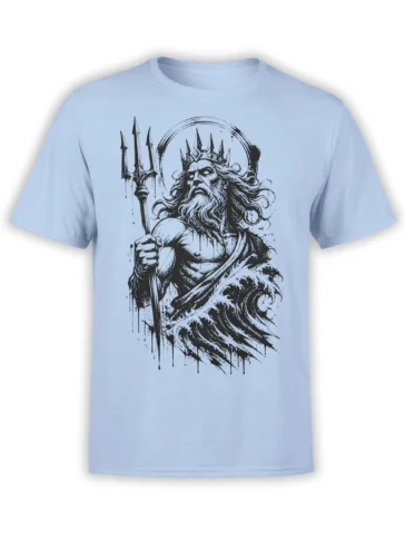 Crowned sea king holding a trident amid crashing waves on a light blue fantasy T-shirt