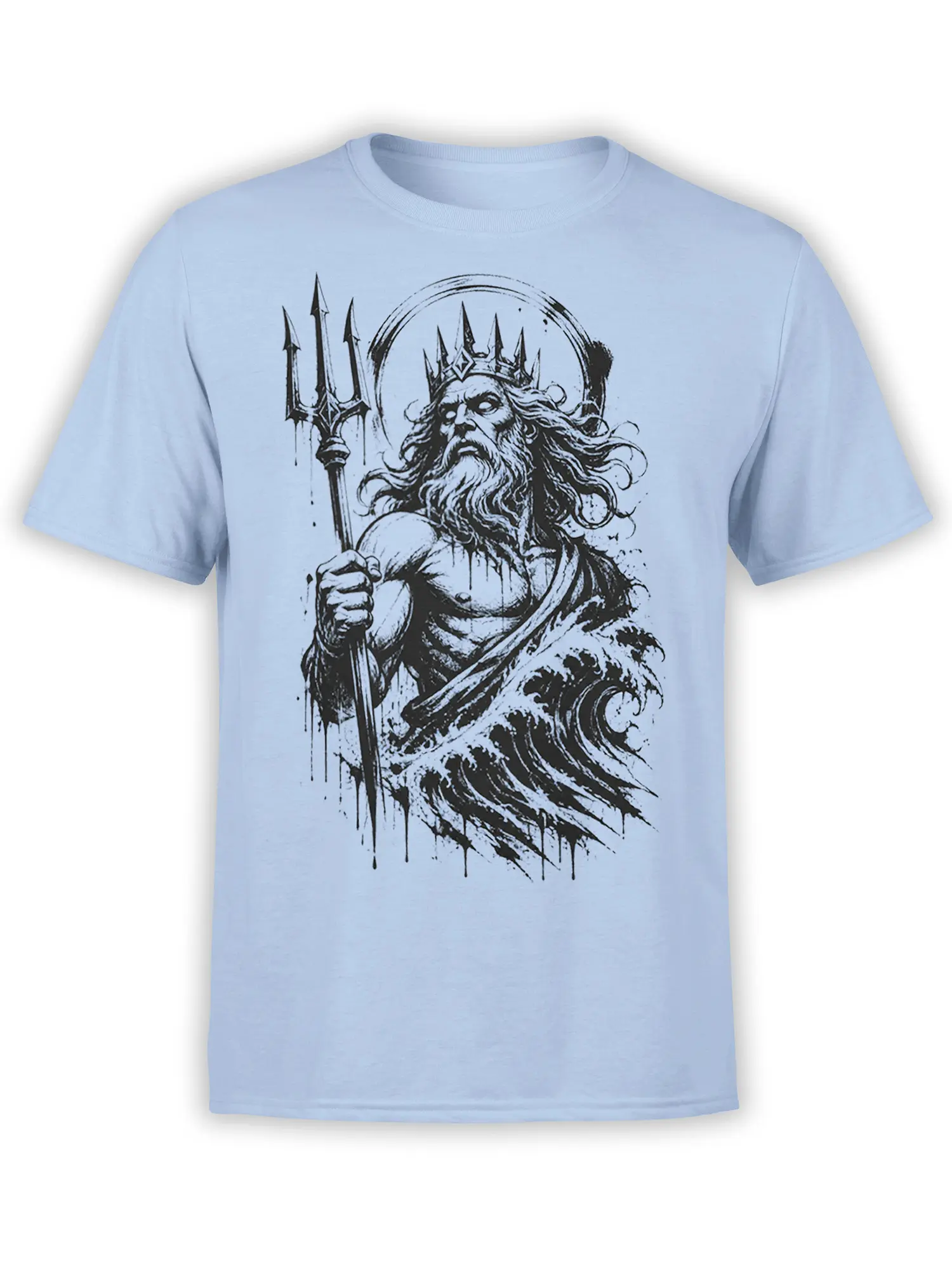 Crowned sea king holding a trident amid crashing waves on a light blue fantasy T-shirt