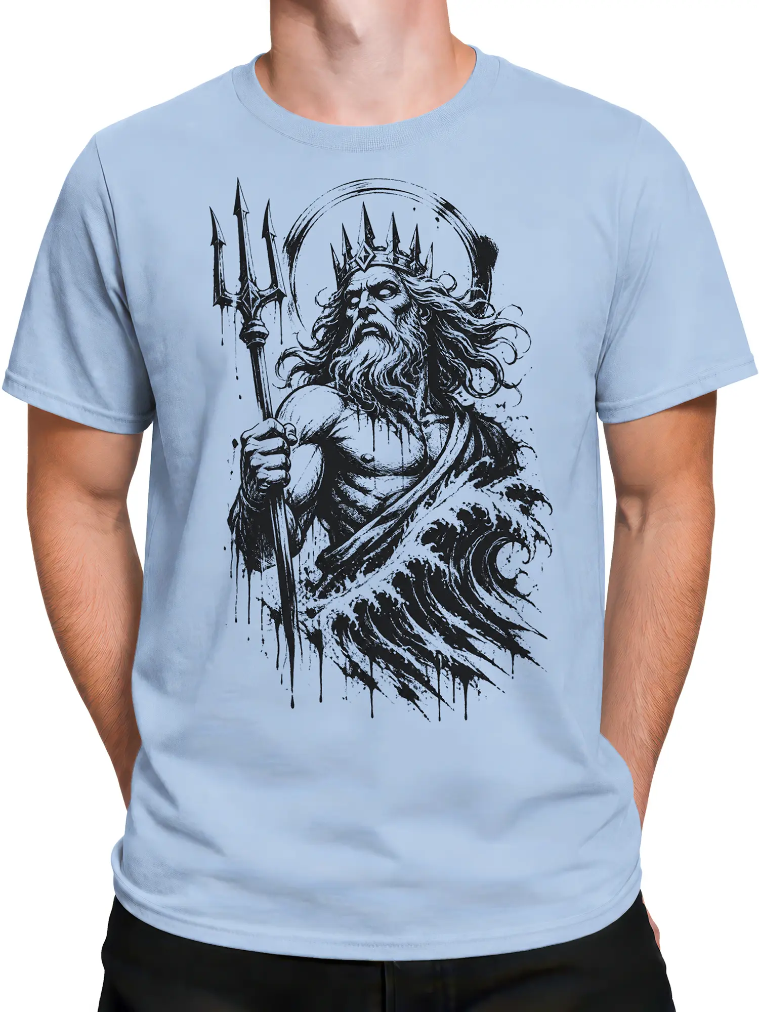 Male torso wearing a light blue T-shirt with a crowned sea king and trident design