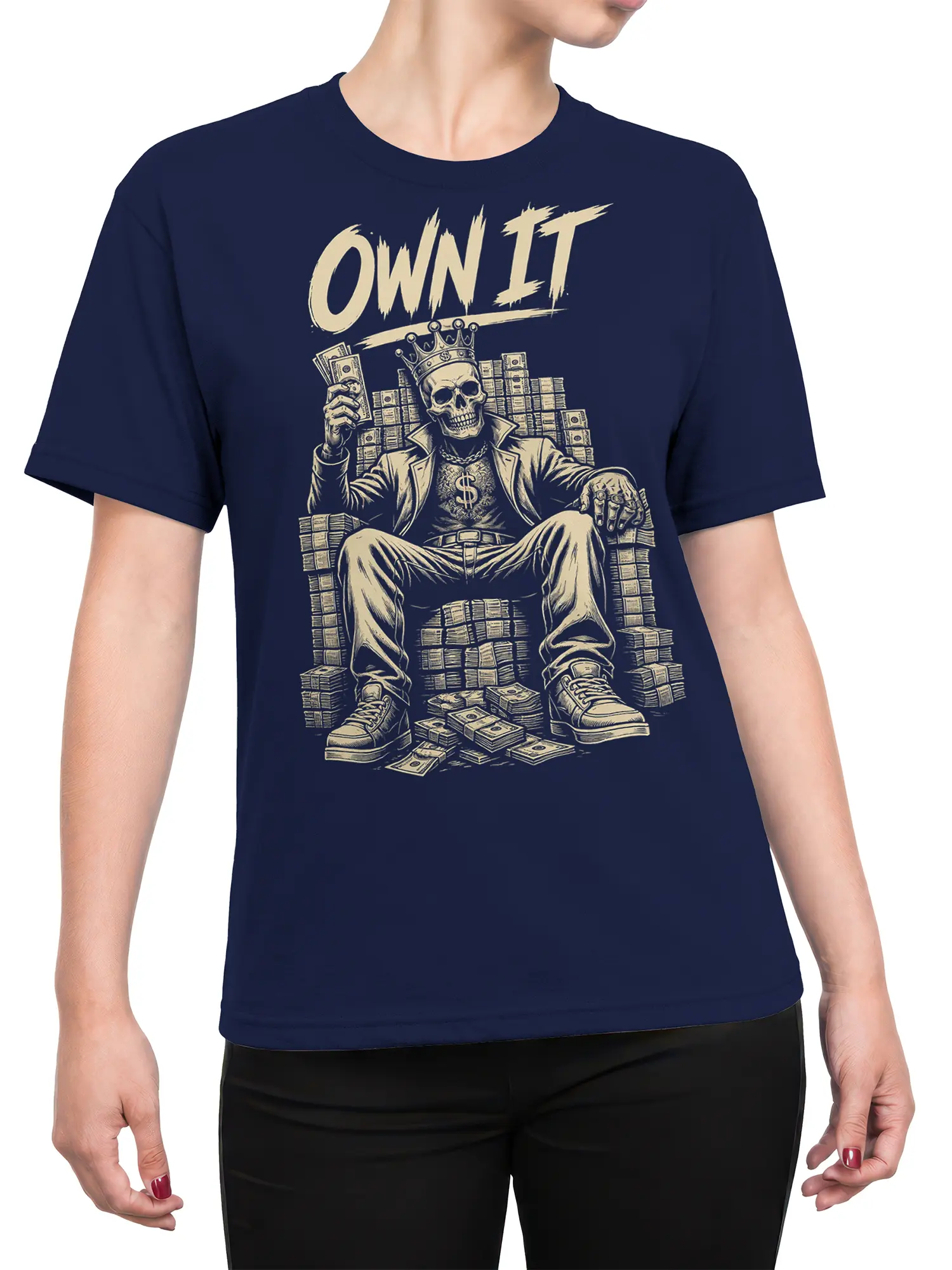 Female torso wearing a navy crowned skull money T-shirt with cream OWN IT artwork