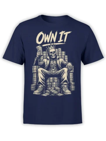 OWN IT crowned skull money graphic on a navy T-shirt with cream vintage-style artwork