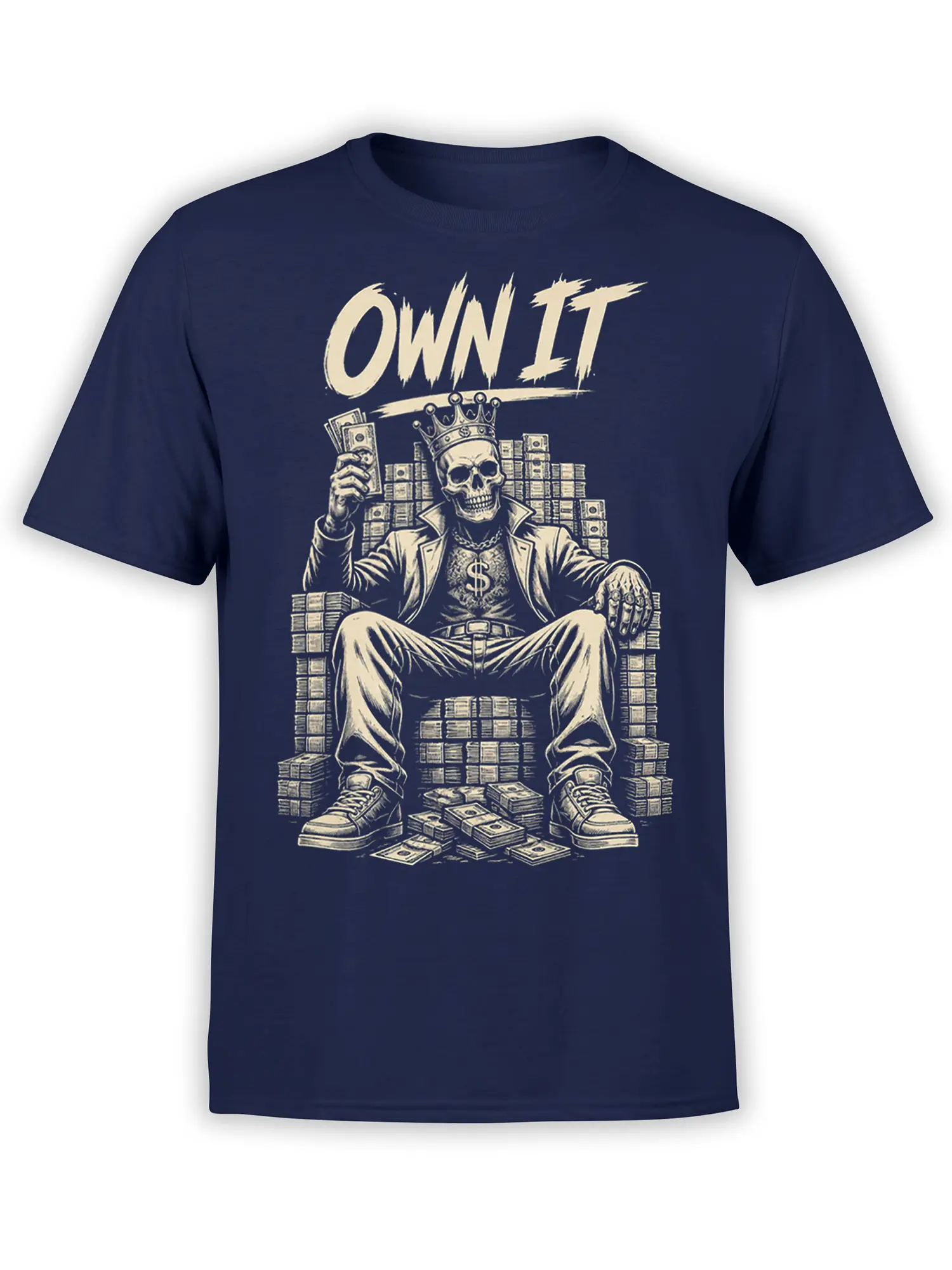 OWN IT crowned skull money graphic on a navy T-shirt with cream vintage-style artwork