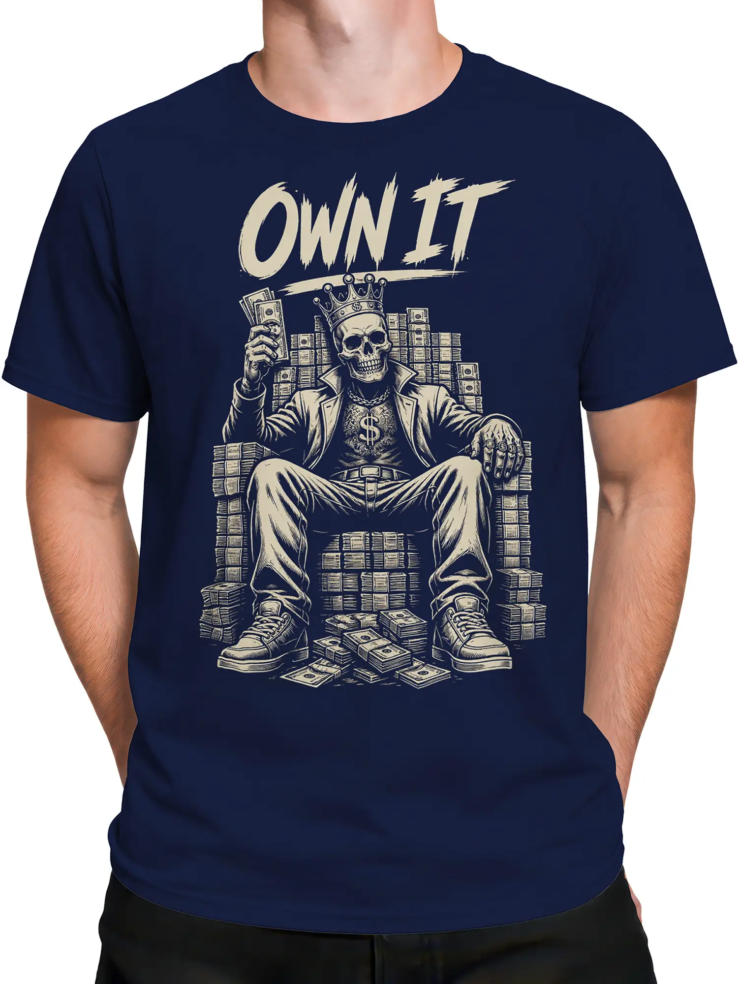 Male torso wearing a navy OWN IT crowned skull money graphic T-shirt
