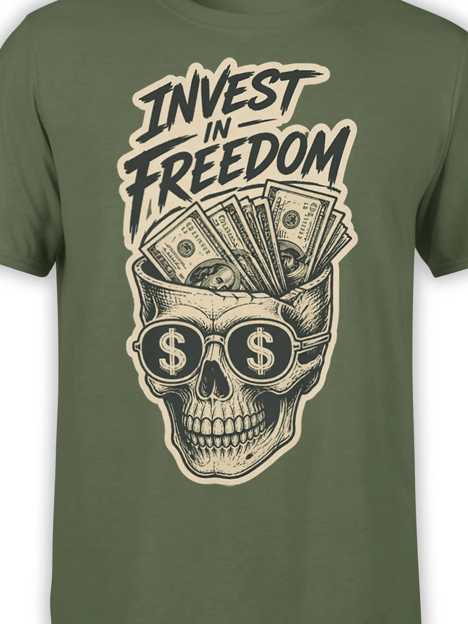 Close-up of the skull, dollar-sign sunglasses, cash, and “Invest in Freedom” design on a green T-shirt
