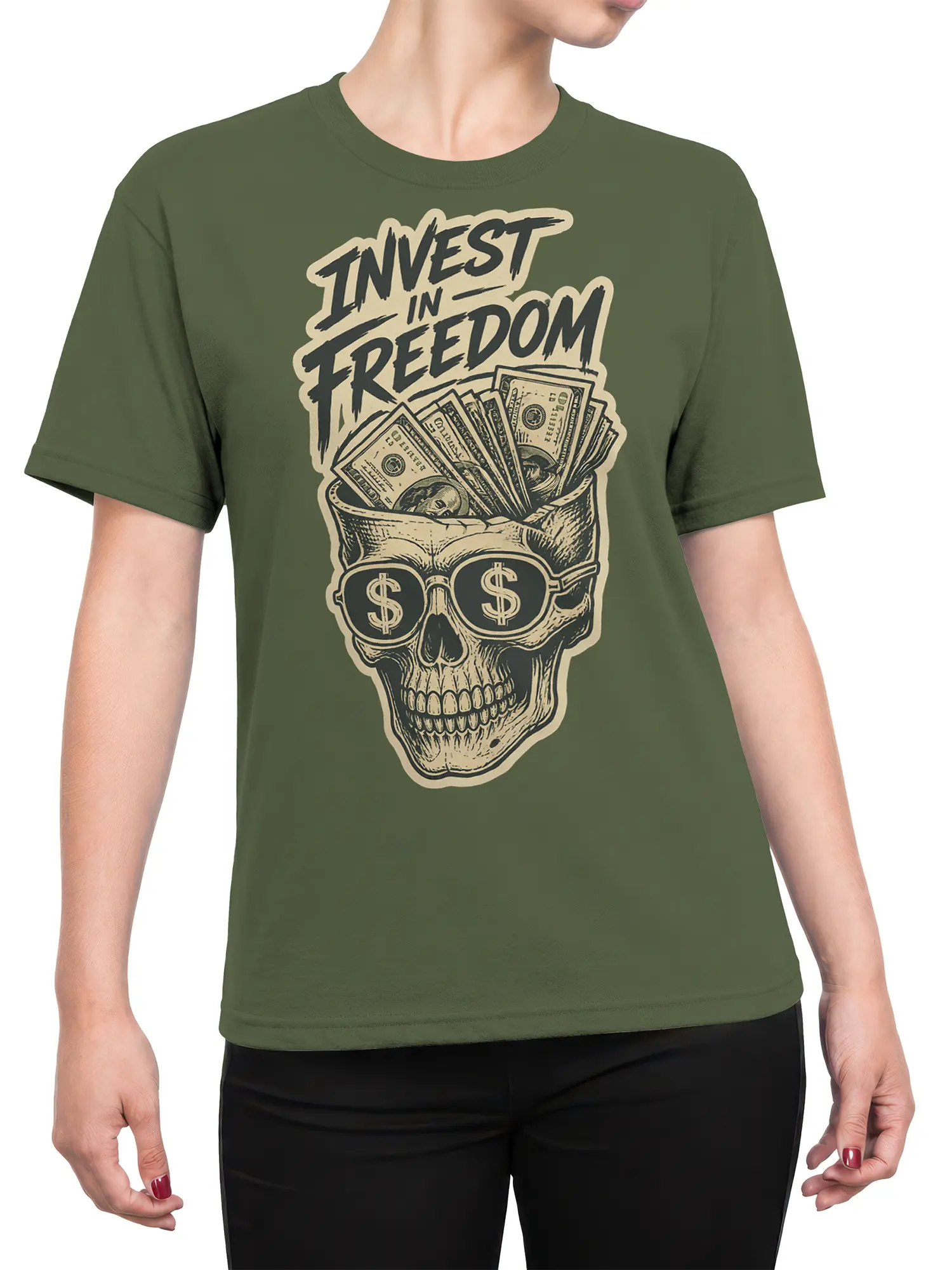 Female torso wearing a green T-shirt with a money skull, dollar-sign sunglasses, and freedom slogan