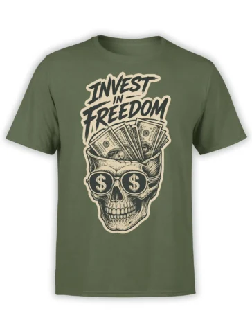 Green T-shirt with a skull wearing dollar-sign sunglasses, dollar bills, and “Invest in Freedom” text