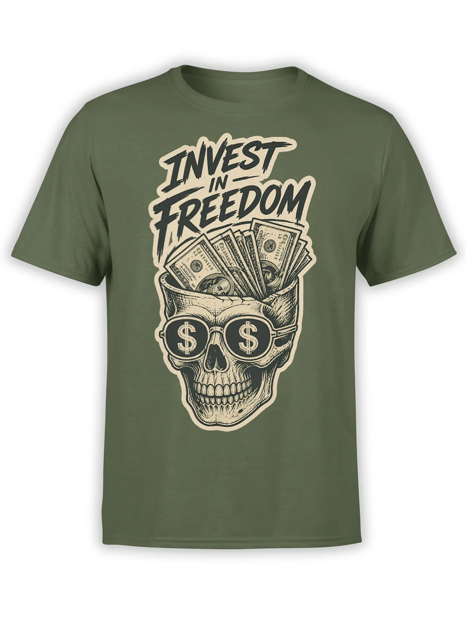 Green T-shirt with a skull wearing dollar-sign sunglasses, dollar bills, and “Invest in Freedom” text