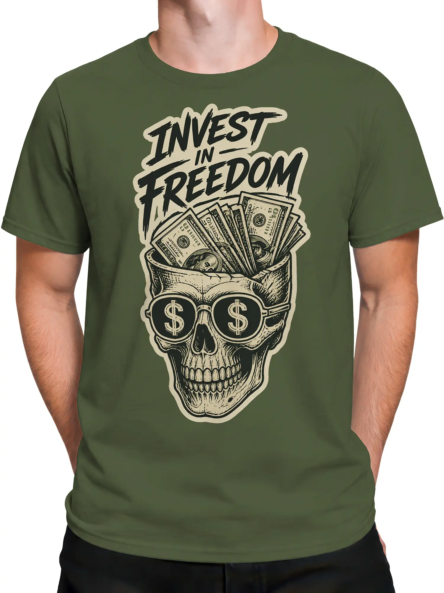 Male torso wearing a green T-shirt with skull sunglasses, dollar bills, and “Invest in Freedom” artwork