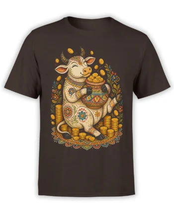 Smiling horned cow with gold coins, flowers, and ornate folk-art patterns on a dark brown T-shirt
