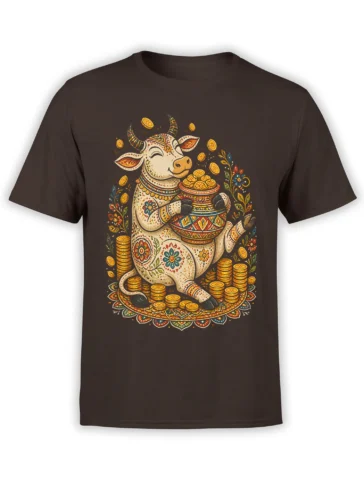 Smiling horned cow with gold coins, flowers, and ornate folk-art patterns on a dark brown T-shirt