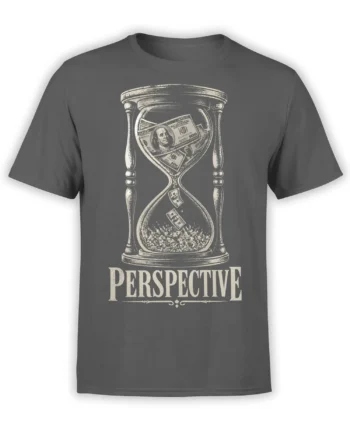 Gray money T-shirt with a vintage hourglass full of dollar bills and “PERSPECTIVE” lettering