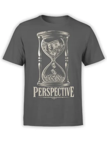 Gray money T-shirt with a vintage hourglass full of dollar bills and “PERSPECTIVE” lettering