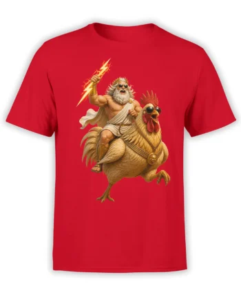 Red T-shirt featuring a bearded thunder god with lightning riding a sunglasses-wearing rooster