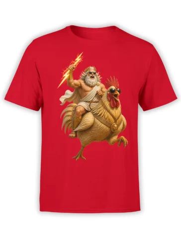 Red T-shirt featuring a bearded thunder god with lightning riding a sunglasses-wearing rooster