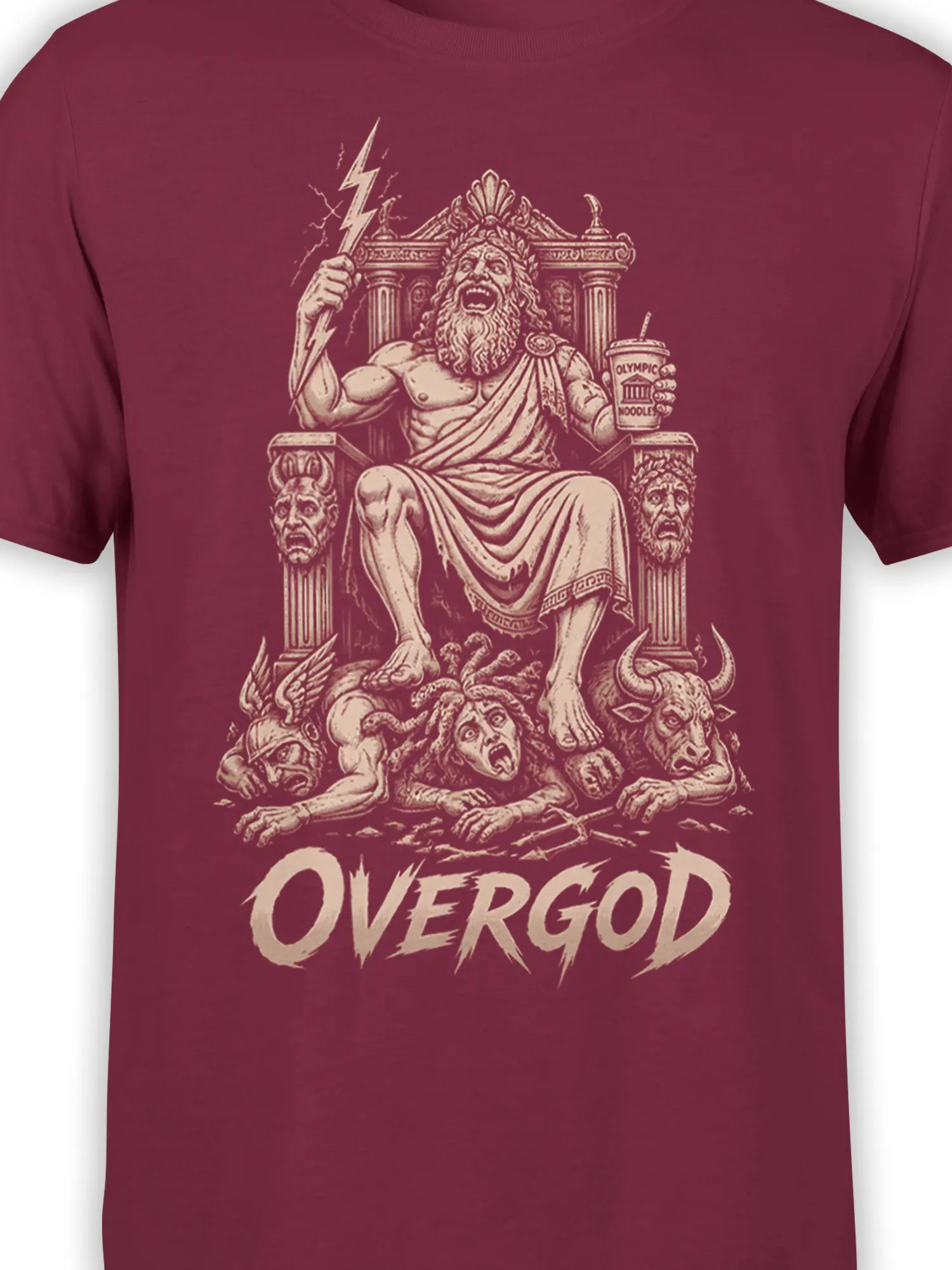 Close-up of vintage thunder god artwork with lightning bolt, classical columns, monsters, and Olympic Noodles on burgundy fabric