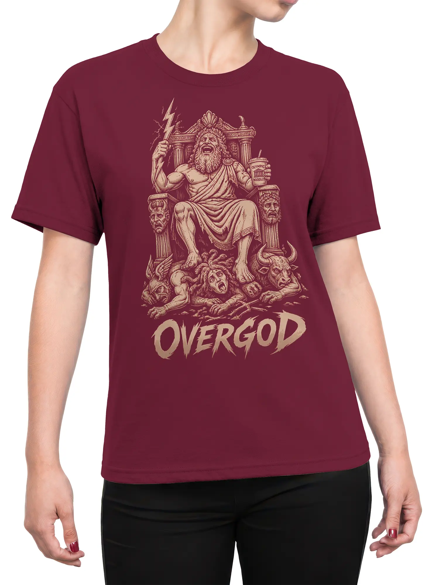 Female torso wearing a burgundy Overgod T-shirt with vintage thunder god, lightning, monsters, and Olympic Noodles artwork