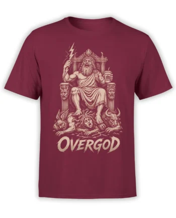 Overgod thunder god T-shirt with lightning bolt, monsters, Olympic Noodles, and cream vintage artwork on burgundy