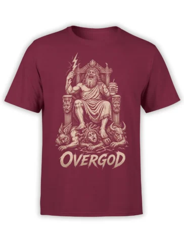 Overgod thunder god T-shirt with lightning bolt, monsters, Olympic Noodles, and cream vintage artwork on burgundy
