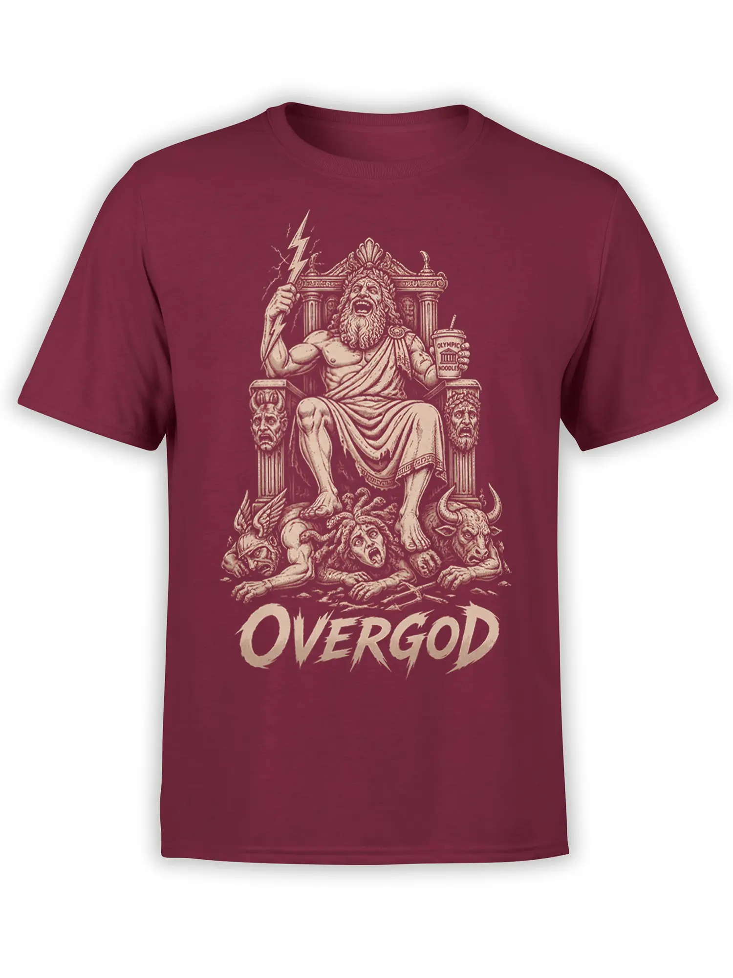 Overgod thunder god T-shirt with lightning bolt, monsters, Olympic Noodles, and cream vintage artwork on burgundy