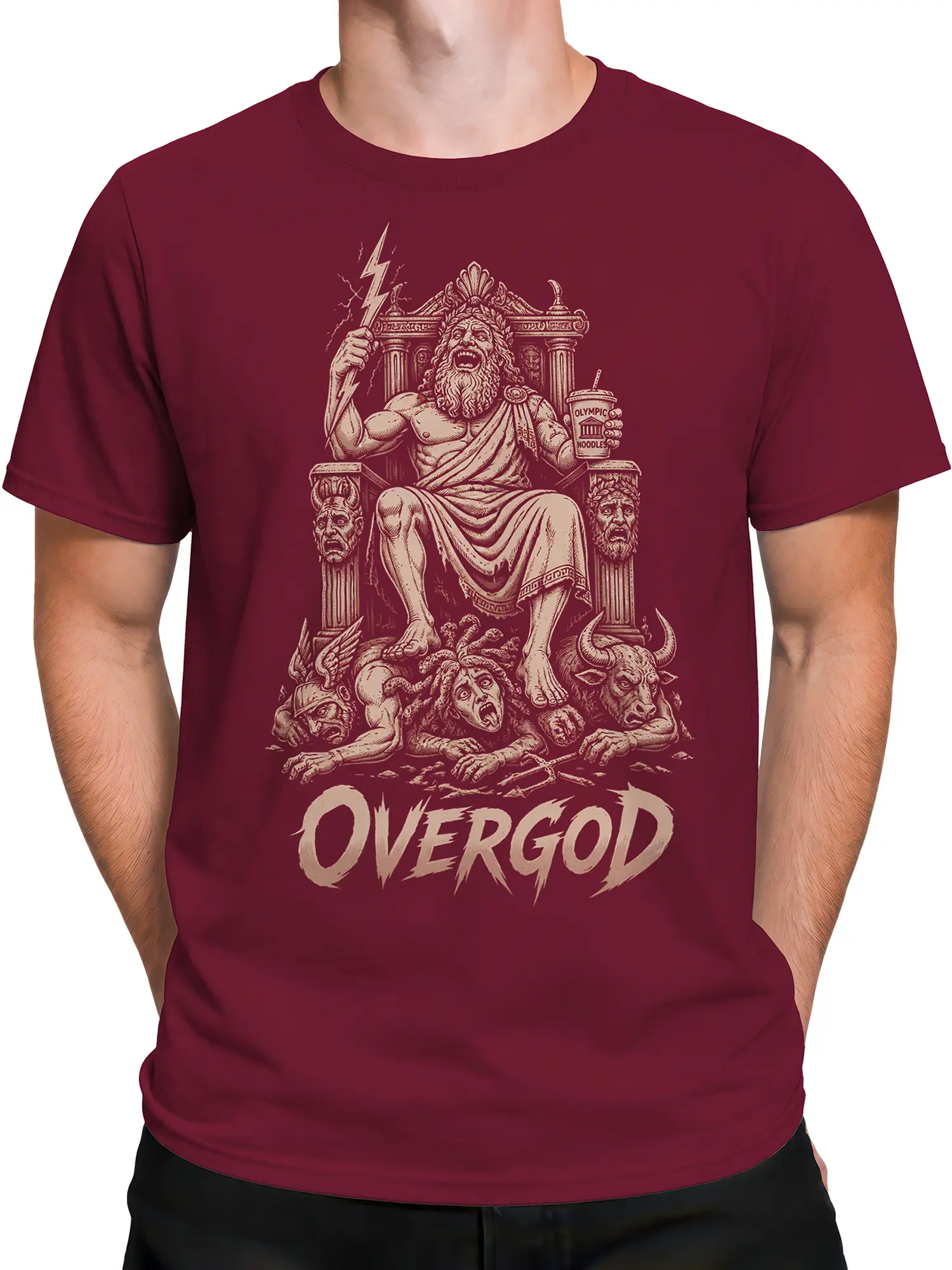 Male torso wearing a burgundy Overgod T-shirt with detailed thunder god mythology artwork and Olympic Noodles design