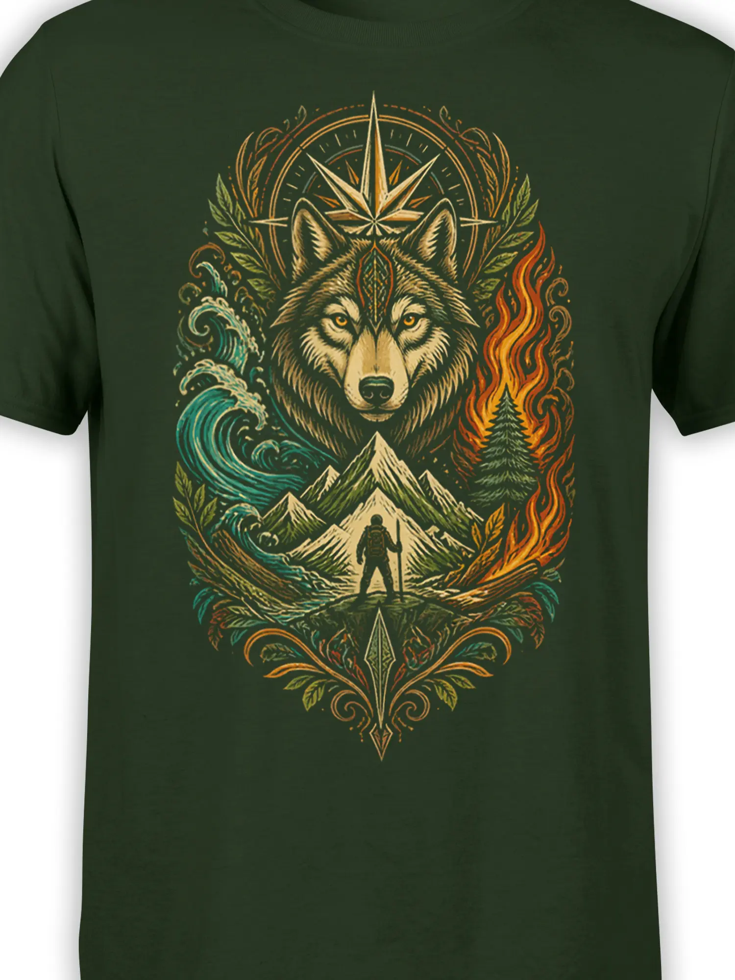 Close-up of the wolf, compass star, mountains, waves, flames, and hiker printed on a green T-shirt