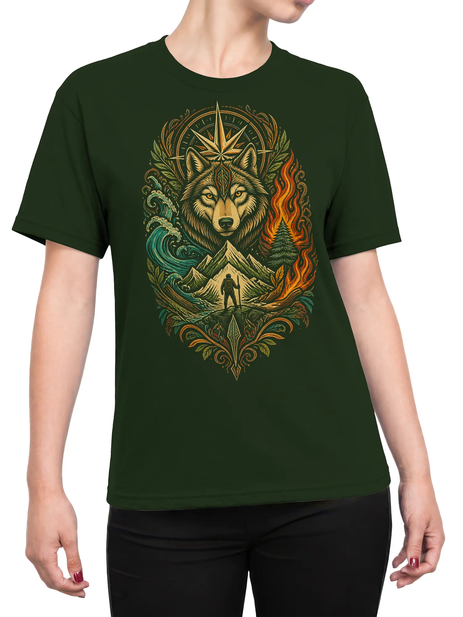Female torso wearing a green wolf wilderness T-shirt with mountains, waves, flames, and a lone hiker