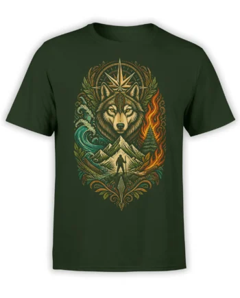 Green wolf wilderness T-shirt showing mountains, a lone hiker, blue waves, flames, and a compass star