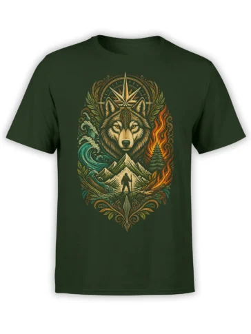 Green wolf wilderness T-shirt showing mountains, a lone hiker, blue waves, flames, and a compass star