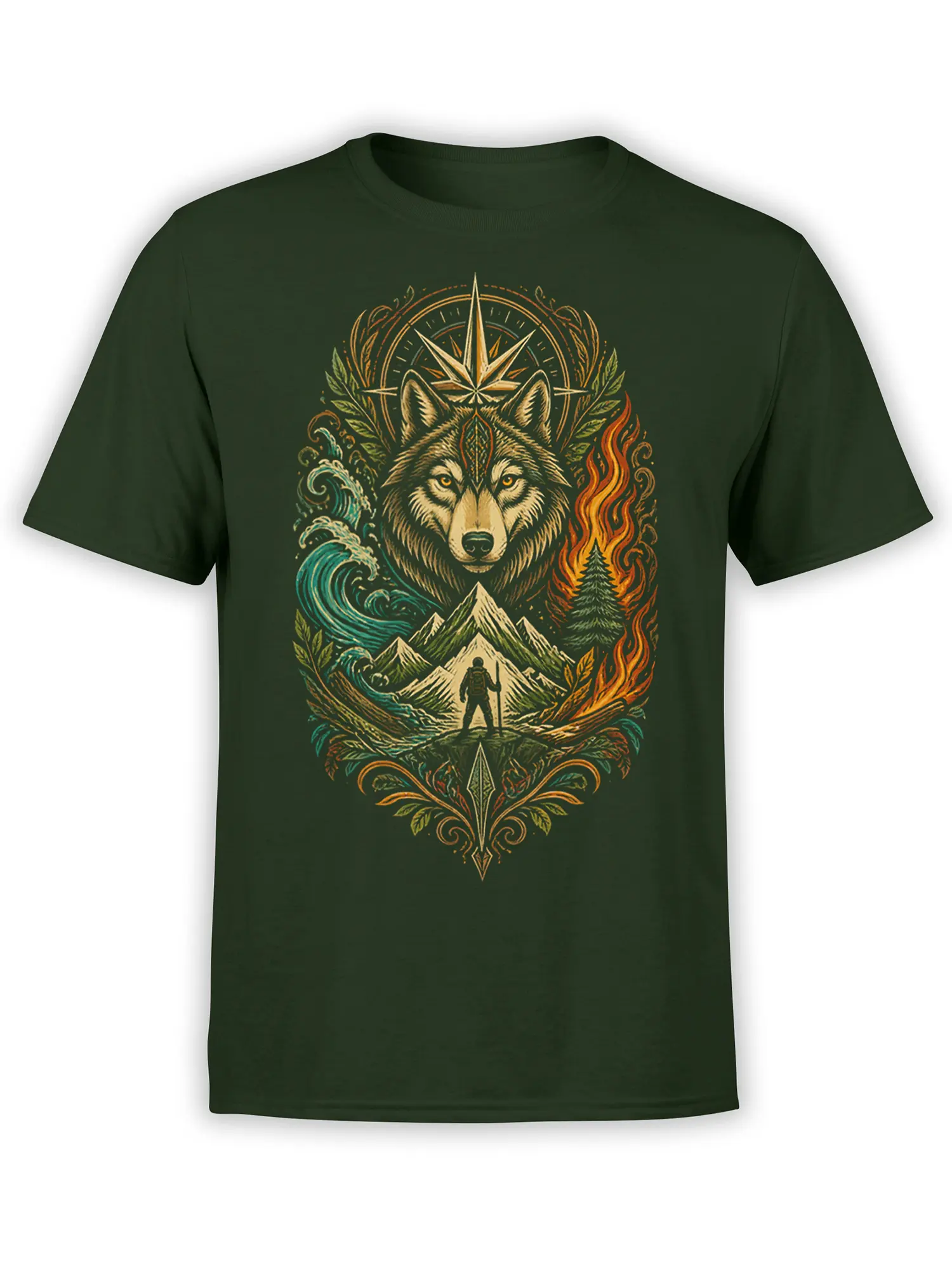 Green wolf wilderness T-shirt showing mountains, a lone hiker, blue waves, flames, and a compass star