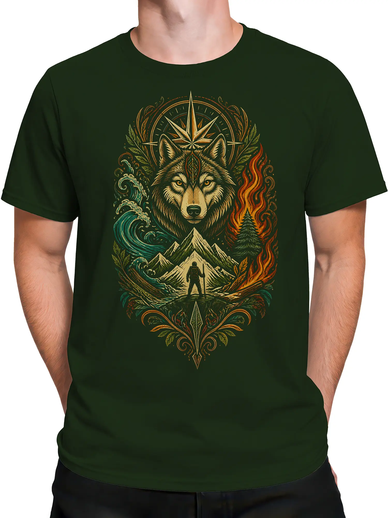 Male torso wearing a green wolf adventure T-shirt with a compass star and mountain wilderness scene